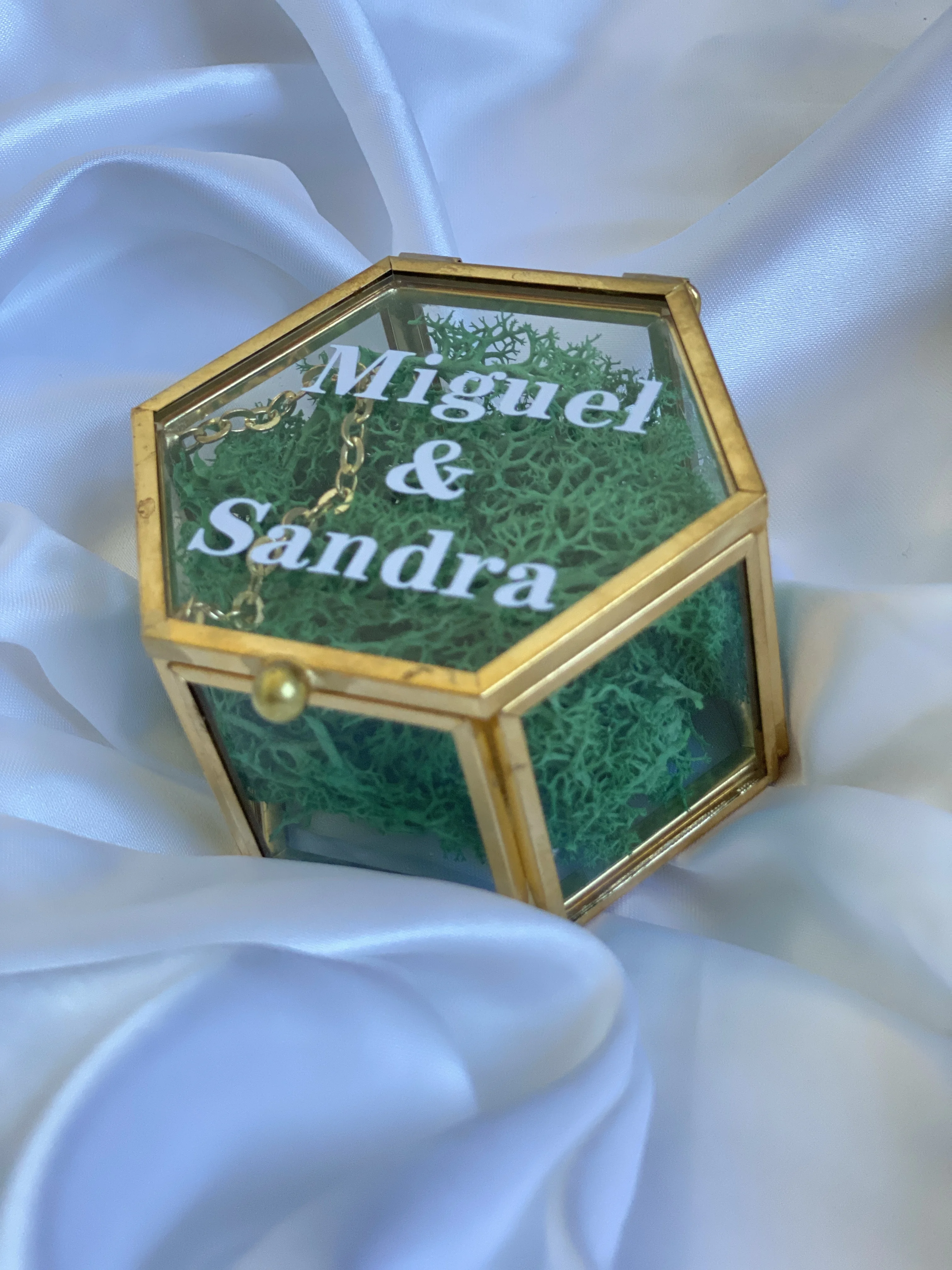 Gold Hexagon Glass Ring Box with Moss Personalized Ring Box for Wedding Ceremony Modern Ring Holder for Engagements