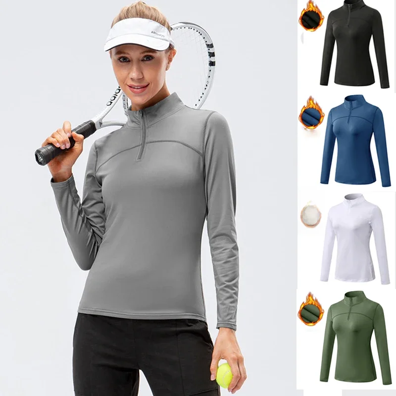AliExpress NONE Yoga Tops Women Autumn Winter Long Sleeve Running Sports top Zipper collar Fitness Outdoor Hiking Bike Sport Shirt Plus velvet