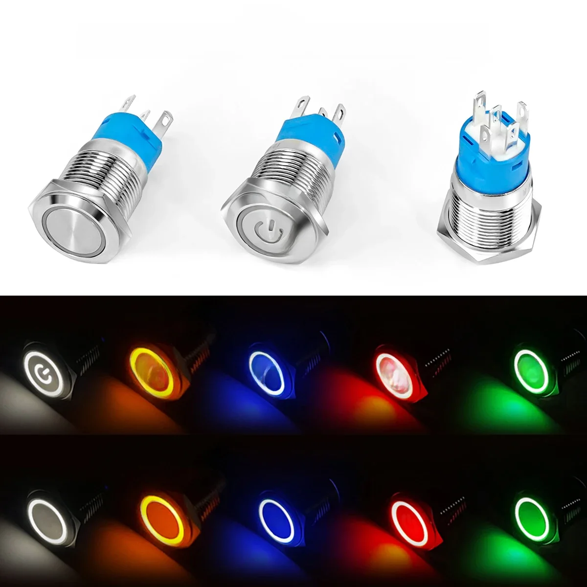 16mm metalowy przełącznik wciskany lampa pierścieniowa Symbol zasilania wodoodporne światło LED samoresetowanie/blokada ON-OFF chwilowy przycisk zatrzaskowy — 2