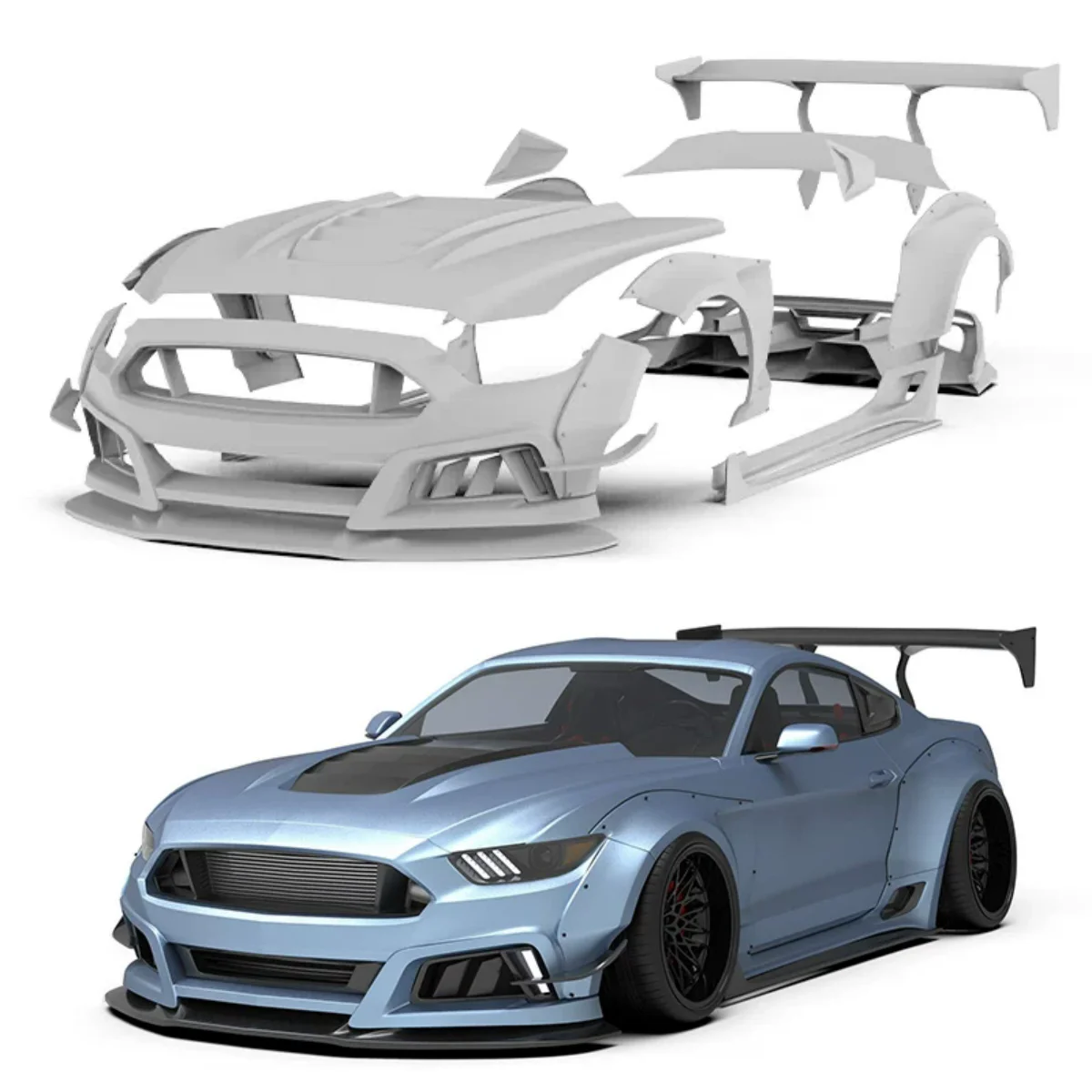 Wide Body Kit For Ford Mustang 15-23 Modified Front Bumper Hood Side Skirts Rear Lip Large Spoiler Full Surround