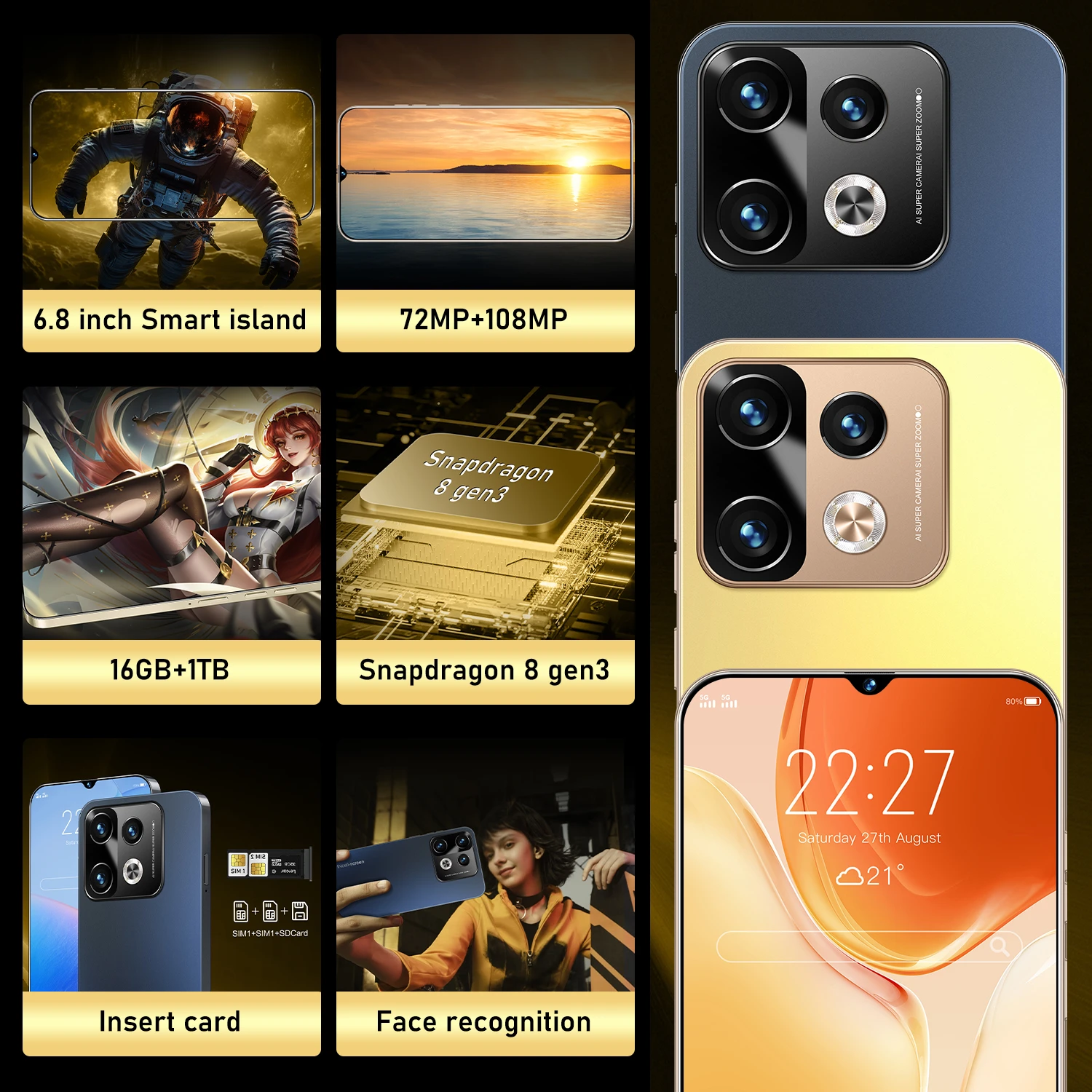 Hot New Note 40 Pro  Smartphone 6.8 inch Full Screen 4G/5G Cell Phone 16GB+1TB 7800mAh Mobile Phones Global Version Celulares