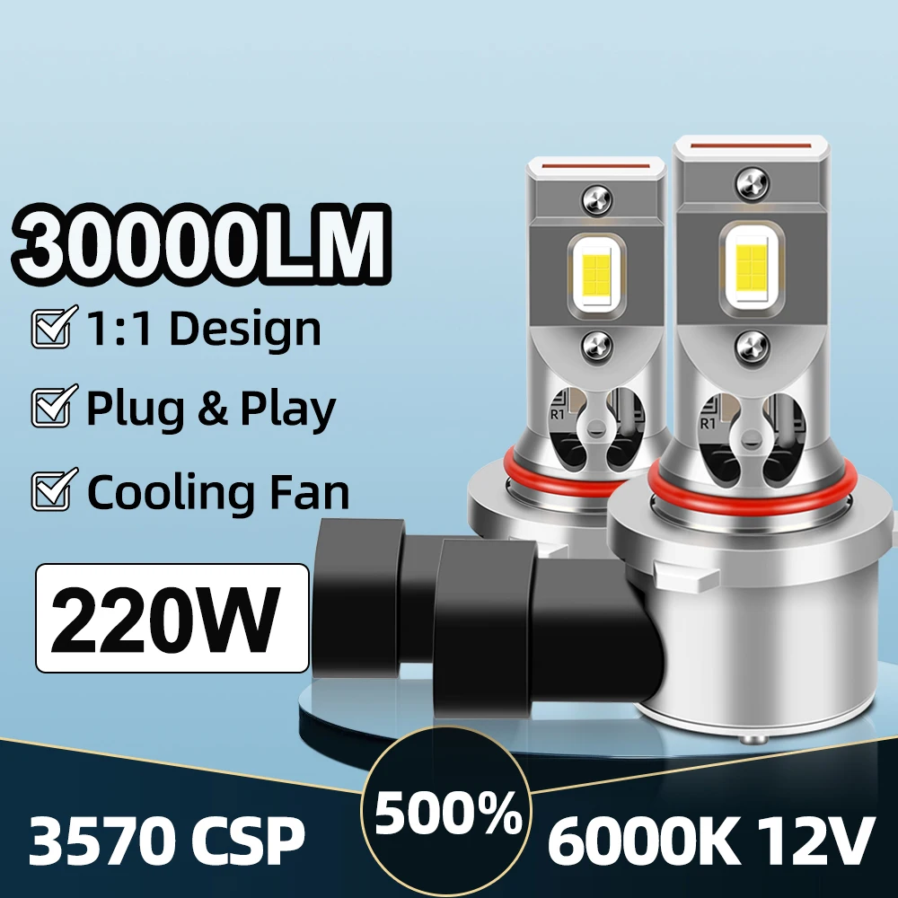 

2 шт. 9005 HB3 светодиодные фары 220 Вт 3570 CSP 6000K беспроводные автоматические лампы с вентилятором DC12V 9006 HB4 фары со встроенным приводом