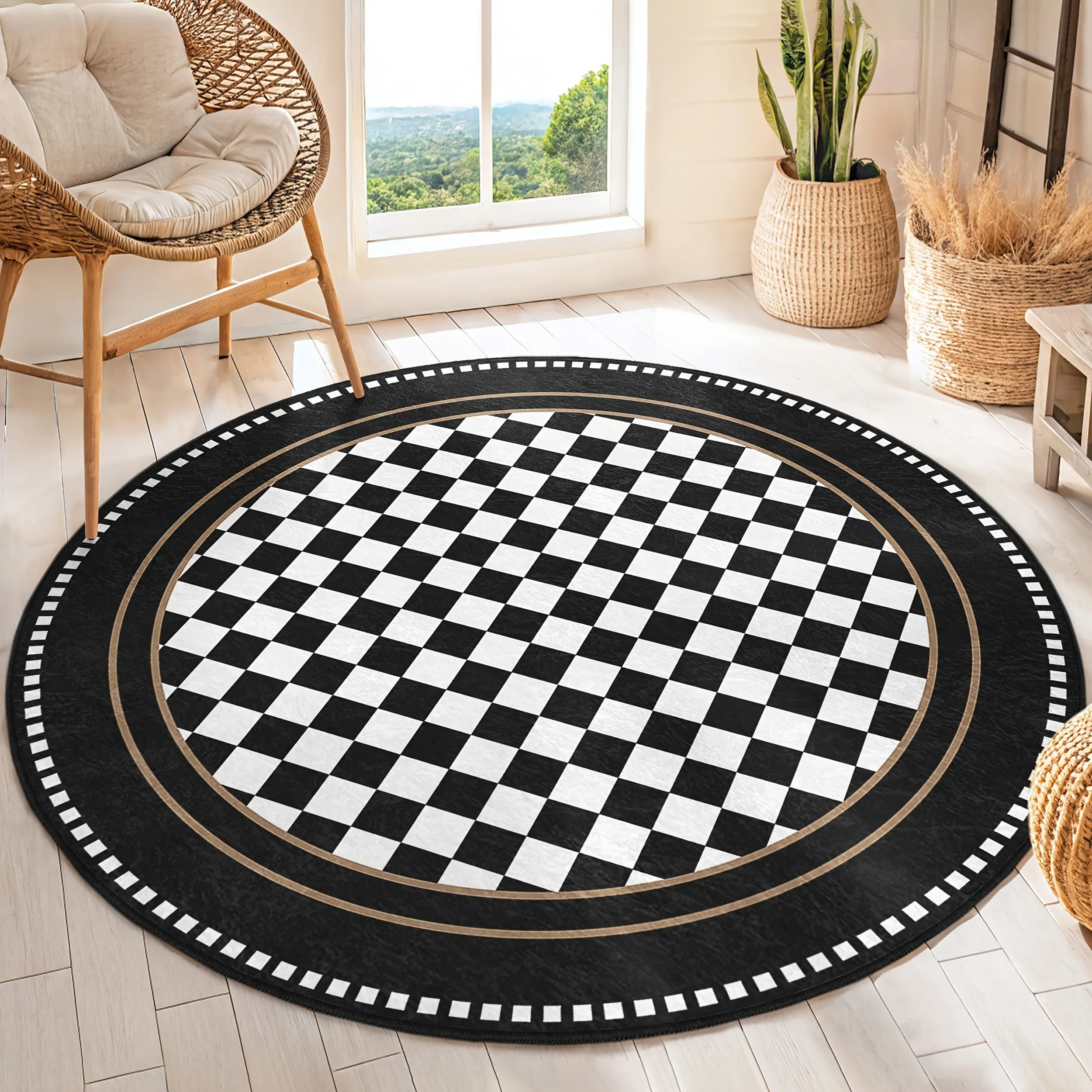 2D Flat,1pc Black And White Checkered Round Rug, Classic Geometric Pattern Area Rug, Modern Vintage Decor for Living Room Bedroom, Printed Circular Carpet, Cozy Home Accent