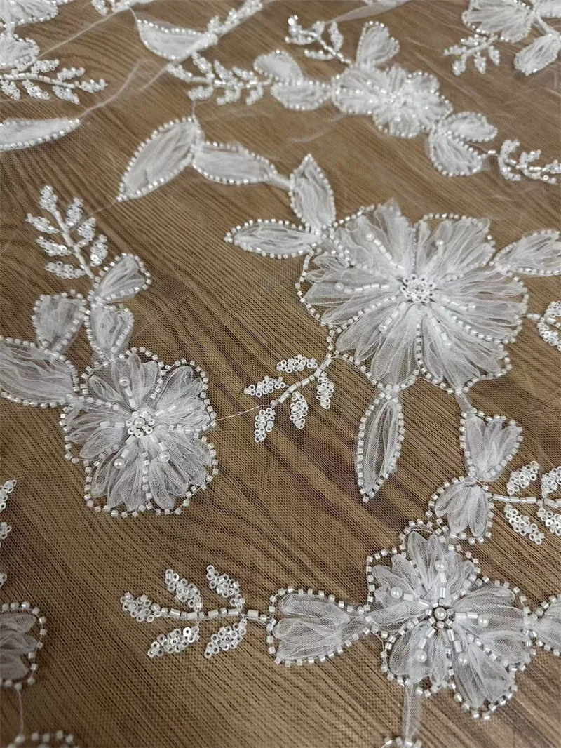 White 3D Unique Wedding Dress Lace Fabric Embroidered French Lace Fabric Sell By Yard