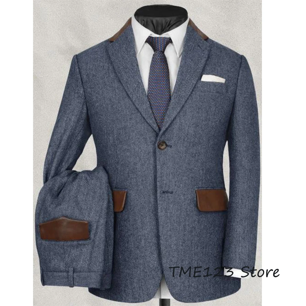 2022 New Men's Herringbone Wool 2 Piece Suit Retro Single-breasted Business Blazer Wedding Bridegroom Tuxedo (Jacket+Pant)