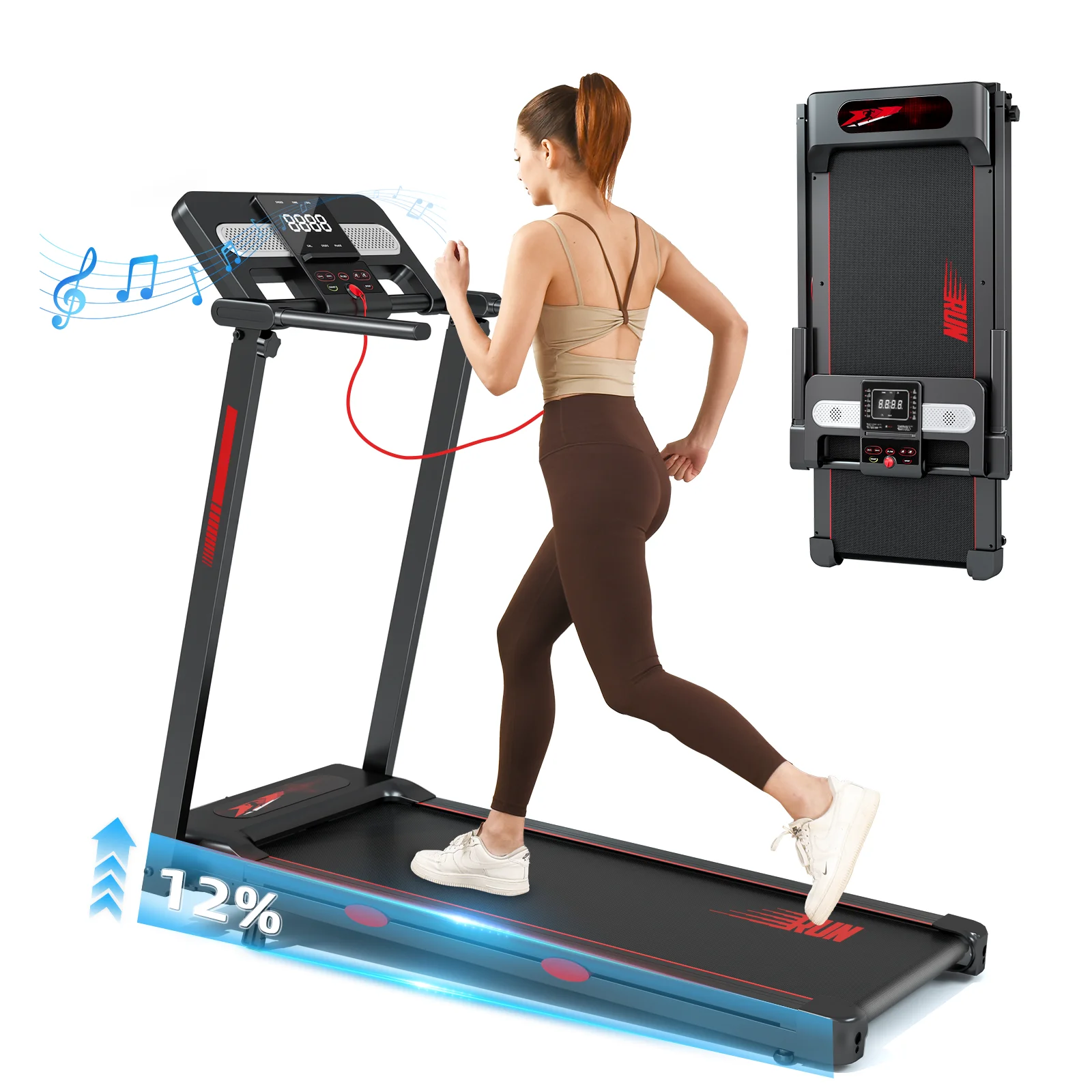 Tapis de cours pliable avec inclinaison réglable, haut-parleur Bluetooth, capacité de charge élevée et amortissement silencieux.