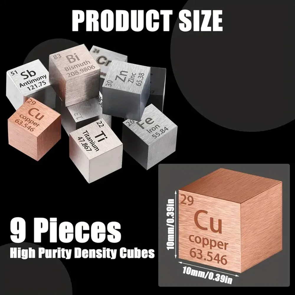 9 Pieces Element Cube Set 10mm Density Pure Metal Cube Periodic Table Elements Collectible Material Hobby Comes with Clear Box