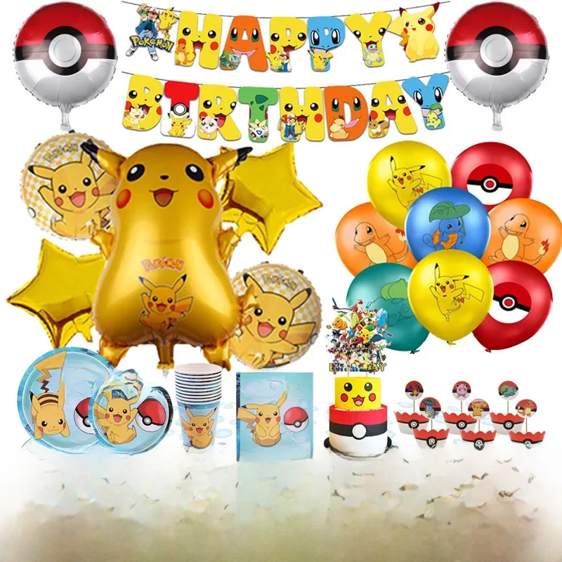Décorations de fête d'anniversaire Pokemon, ballons en aluminium Pikachu, vaisselle jetable, assiette, serviette, toile de fond pour enfants, fournitures de fête pour garçons