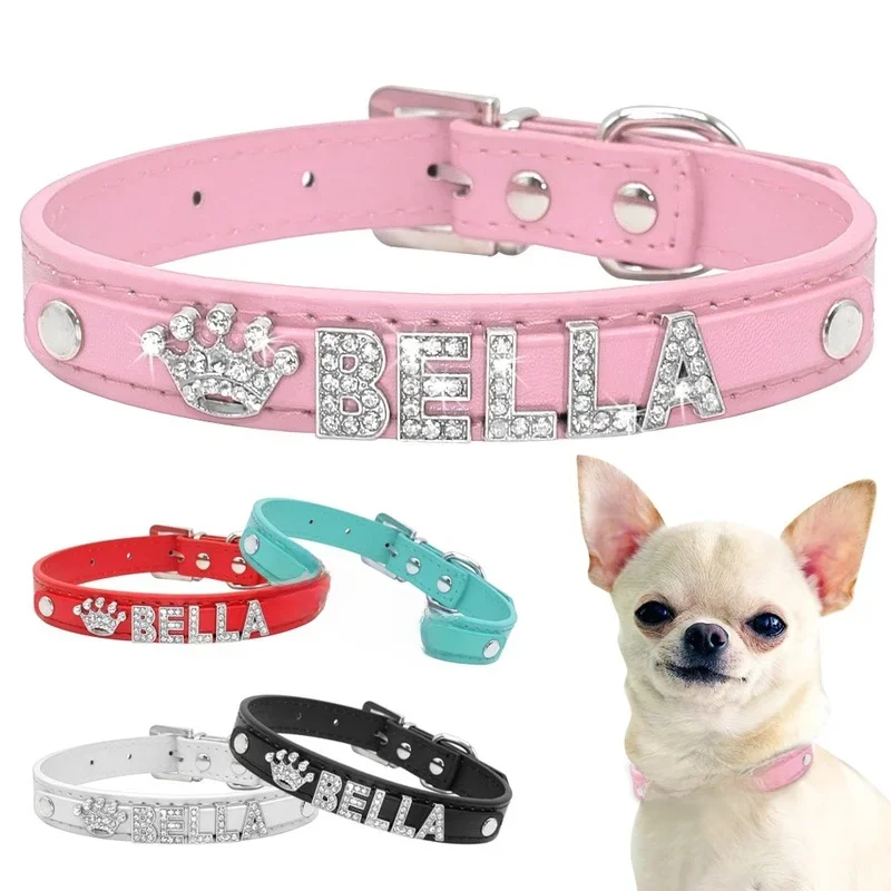 Bling Rhinestone Puppy Dog Collars Personalized Small Dogs Chihuahua Collar Custom Necklace Free Name Charms Pet Accessories — zdjęcie 2
