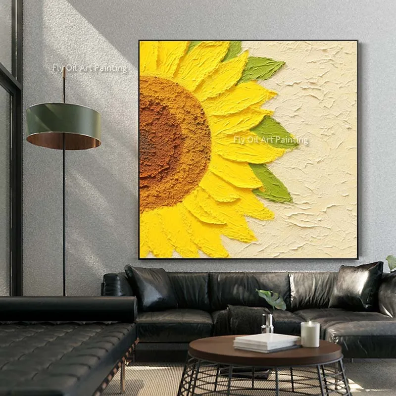 Sunflower Knife Thick Oil Painting Yellow Floral Canvas Painting Hand Painted Minimalism Flower Wall Art Decor For Frameless