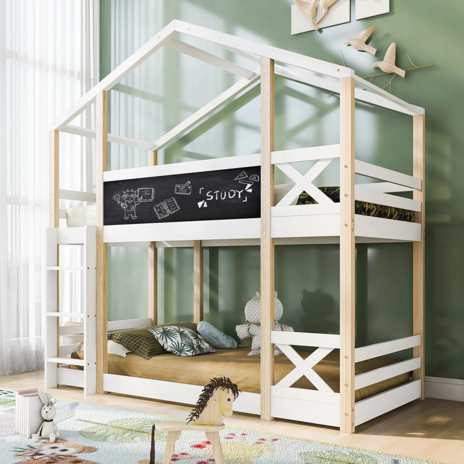 White children's bed,90x200 cm double layered loft bed with a blackboard safety railing with solid pine roof design