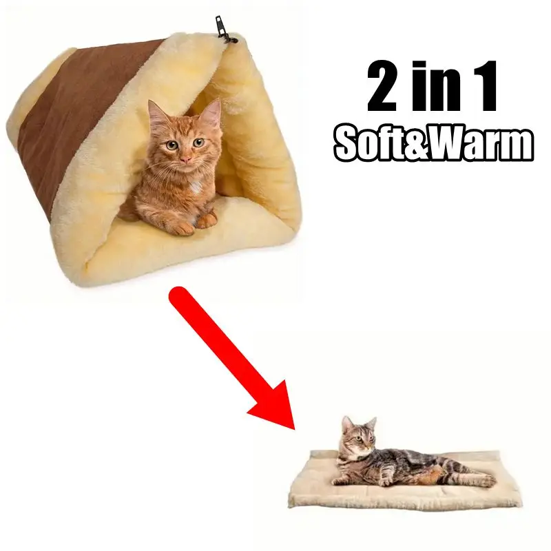 Cat Bed 2-in-1 Fleece Tunnel Tube Cave For Indoor Cats Kitten, Pet Self Warm Covered Mat Pad, Soft  Portable Folding Pet Mat