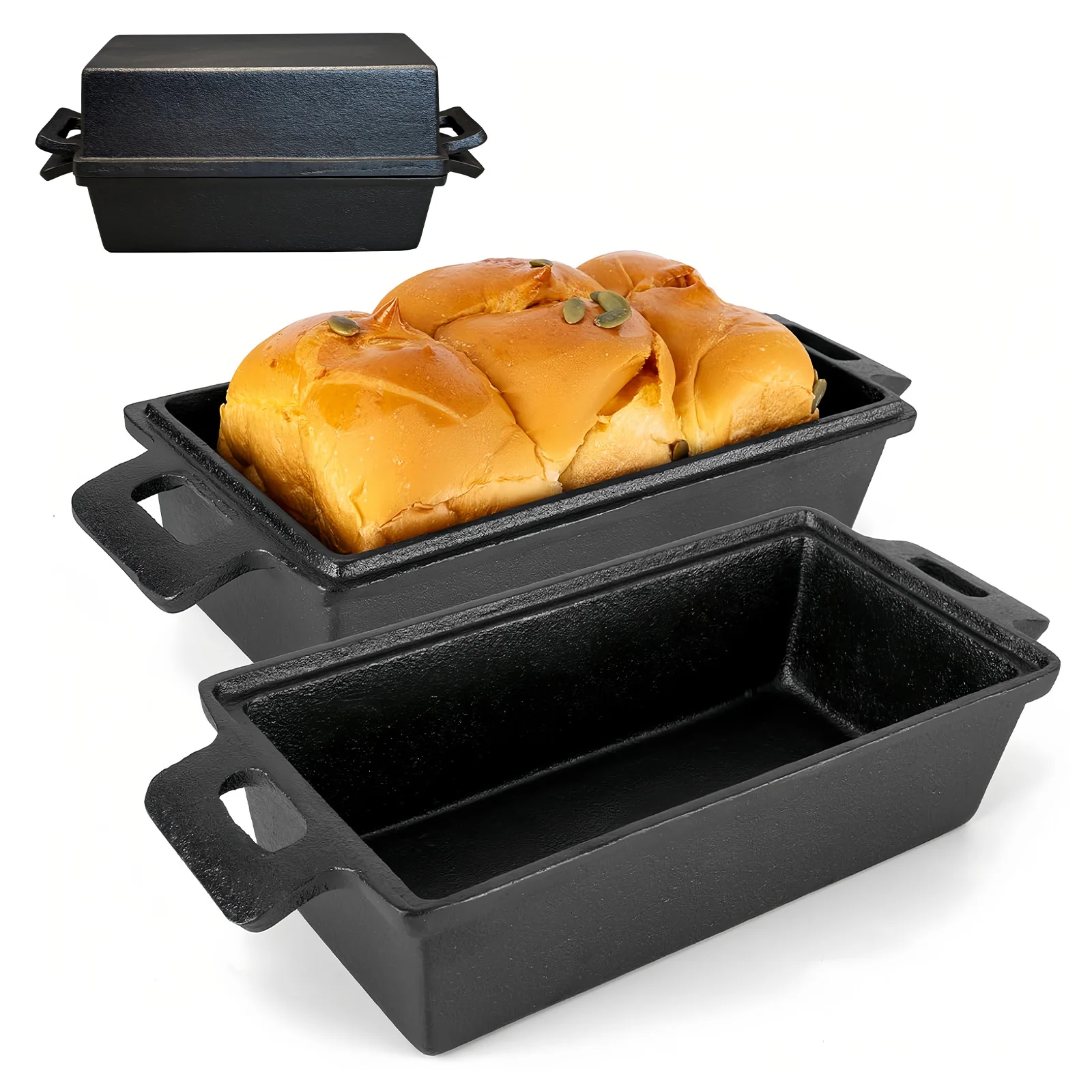 Rechthoekige gietijzeren broodvorm met afneembaar deksel 22,9 × 12,7 cm Bakvormen voor brood, gehaktbrood en zuurdesembrood, inductie Geschikt voor oven