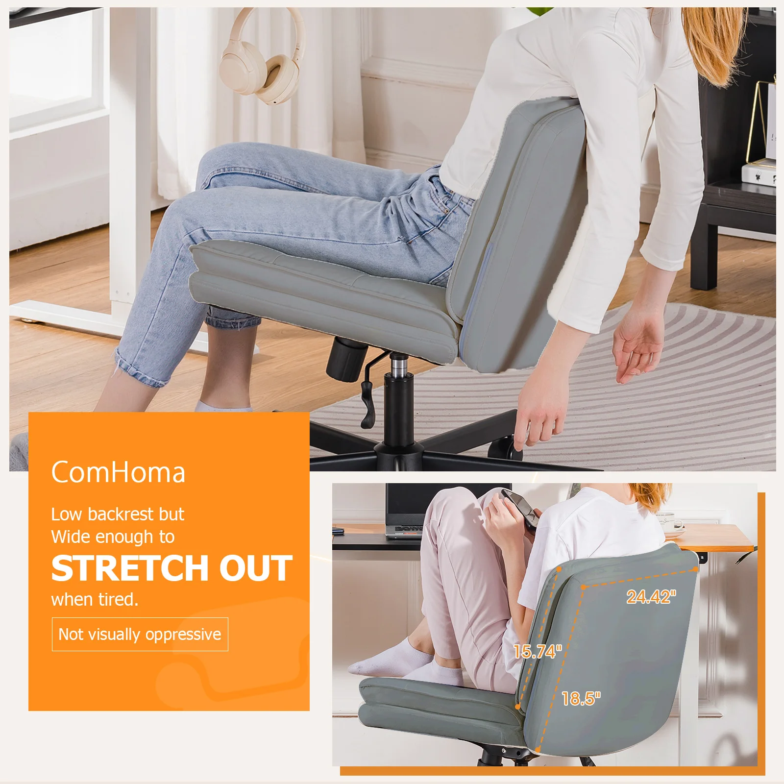 كرسي متقاطع بعجلات، كرسي مكتب PU مع مقعد كبير، دعم خلفي وارتفاع قابل للتعديل للاستخدام المنزلي