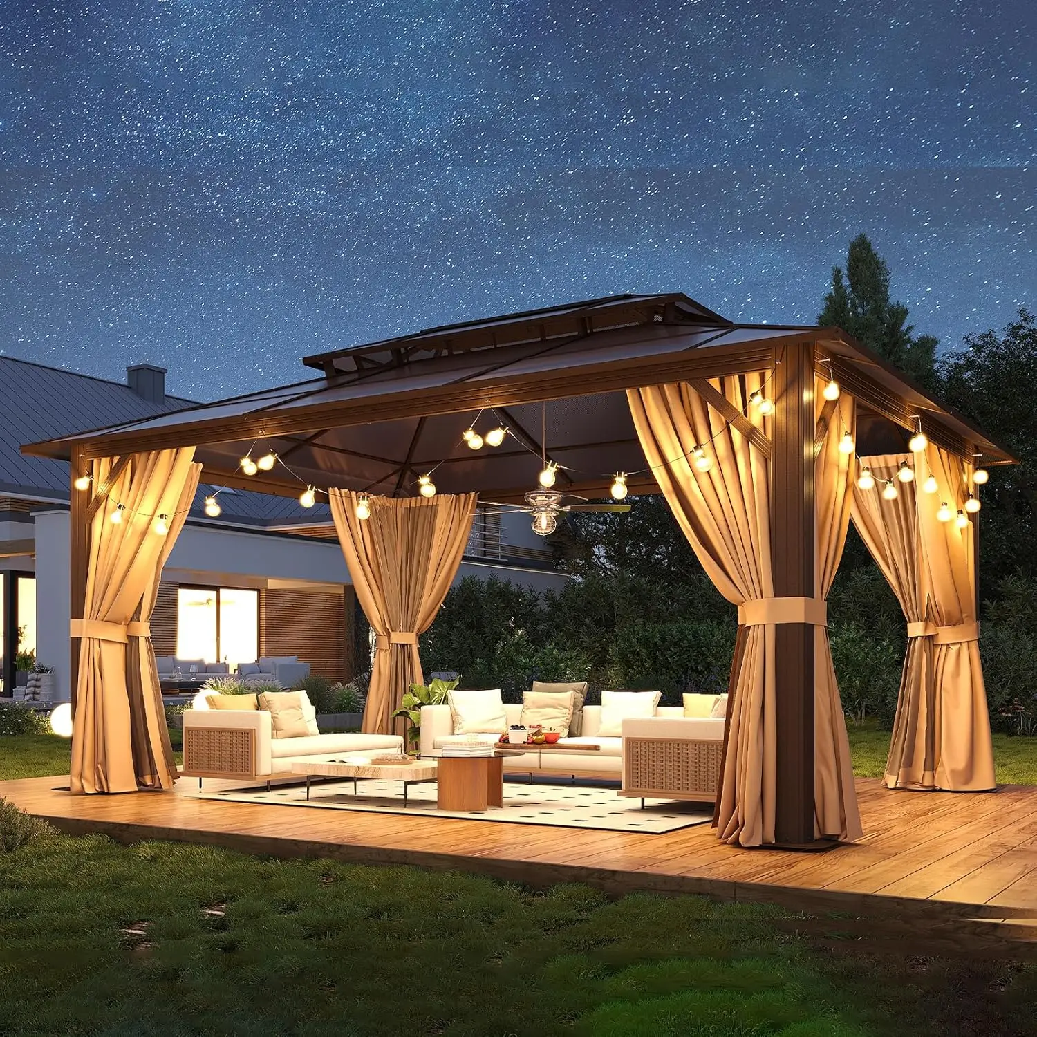 Nordivale 12x16ft Hardtop Gazebo with Double Polycarbonate Roof Aluminum Outdoor Pavilion with Removable Curtains & Netting for Patio Garden (Brown) view 8