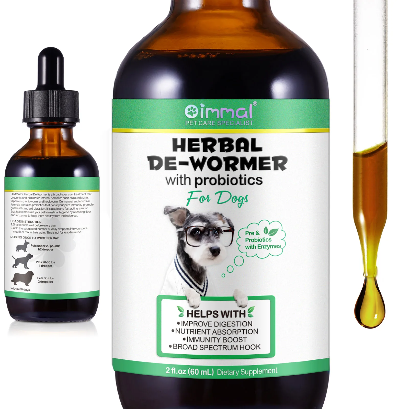 Liquid Drops Herbal Dewormer with Probiotics Improve Digestion Nutrient Absorption Immunity Boost Broad Spectrum Hook for Dogs