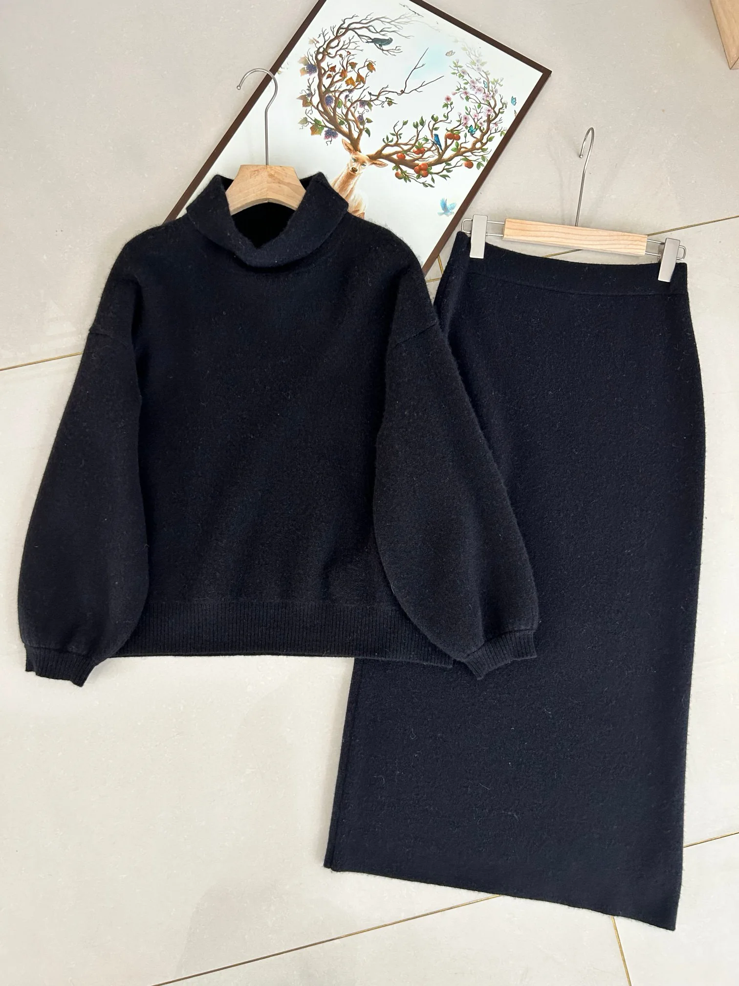 Luxuoso outono inverno feminino malha 100% saia de caxemira terno