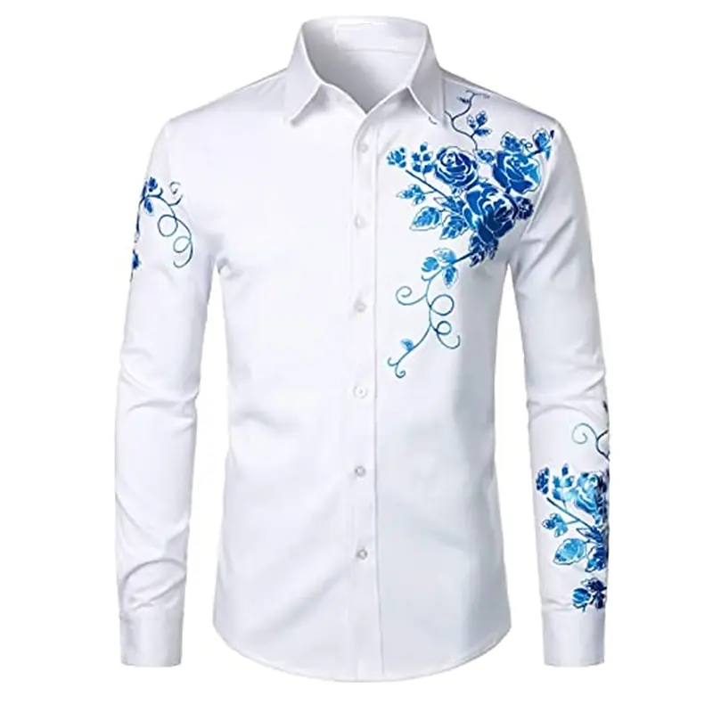 Men\'s button up shirt, collar shirt, dance shirt, black and white long sleeved floral slim fit, spring and autumn wedding party