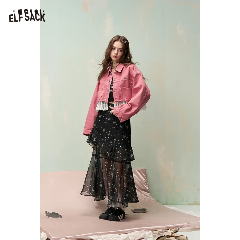

ELFSACK Women Black Sheer Layered Skirt High Slit Floral Print Ruffle Hem Spring Summer Streetwear Fashion Skirt 2026