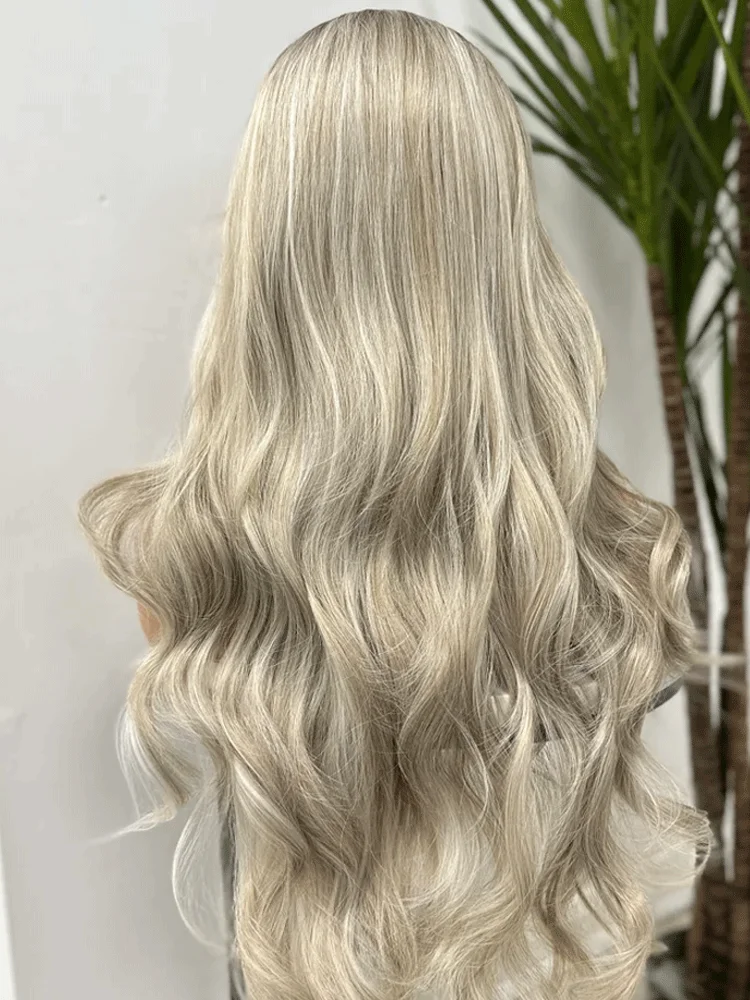 Light Ash Blonde White Mix Wavy 13x4 Lace Frontal Wig Heat Safe Synthetic Wig Realistic Hairline Hight Density For Women Daily