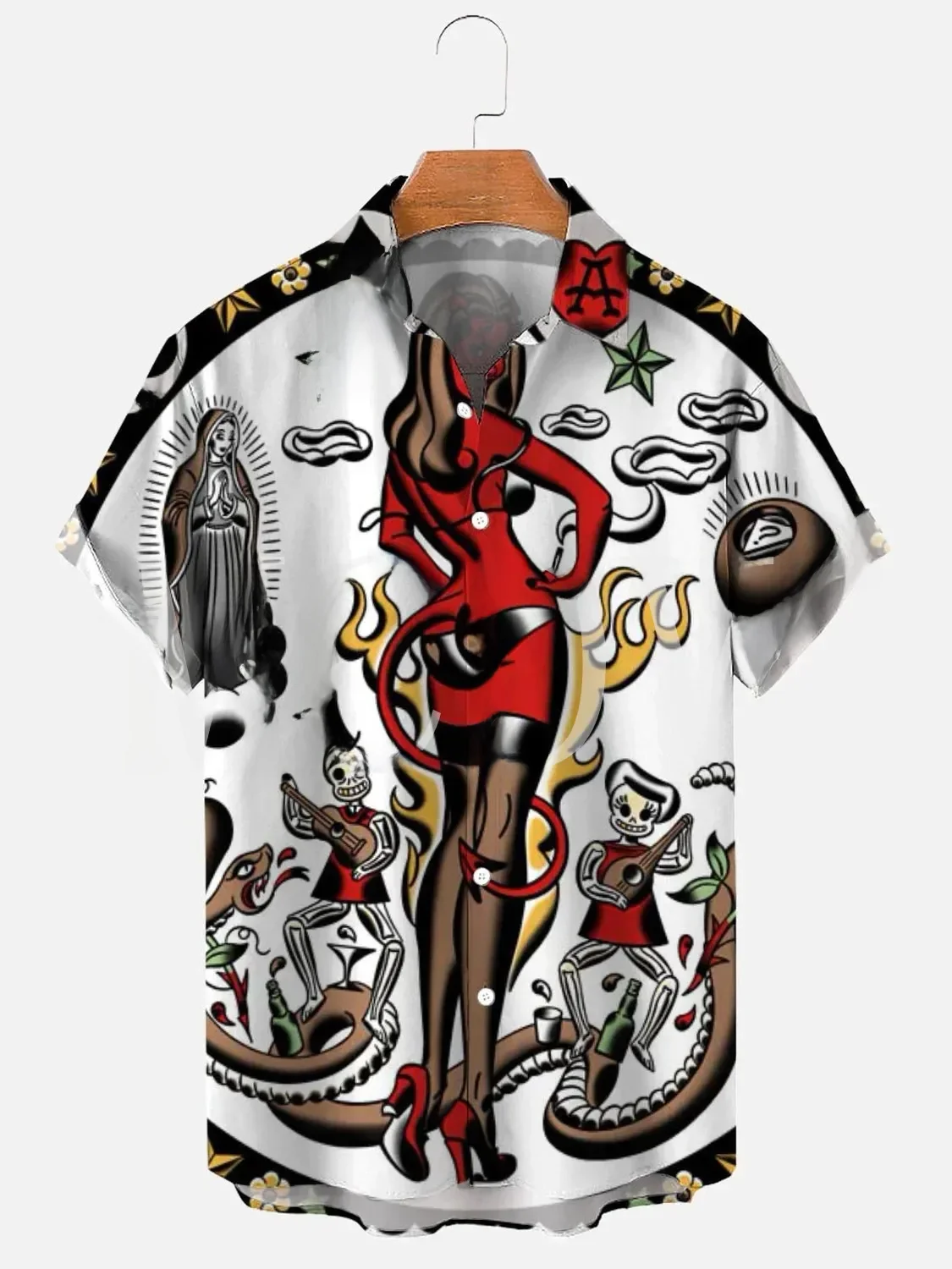 Rockabilly-Chemise Hawaïenne à Manches Courtes pour Homme, Vêtement Vintage, Imprimé Rock N Roll, Décontracté et Respirant