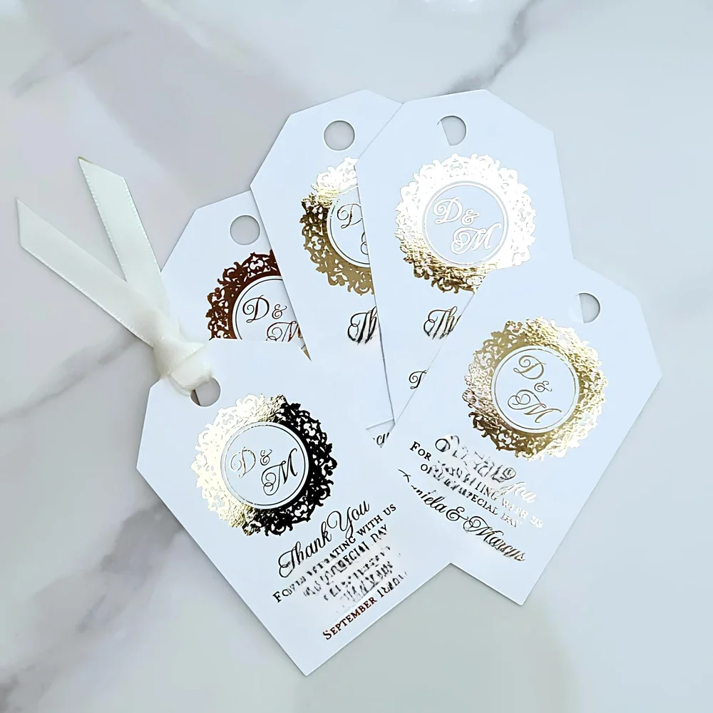 Étiquettes de remerciement en or pour cadeaux de mariage, étiquettes cadeaux de mariage personnalisées, étiquettes de mariage personnalisées, étiquettes de remerciement déjouées en or, 50 pièces