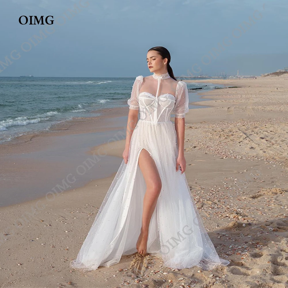 

OIMG New Tulle Pearls Side Slit Wedding Dresses Gowns A Line Short Sleeves Formal Event Pricness Bride Bridal Gown Dress