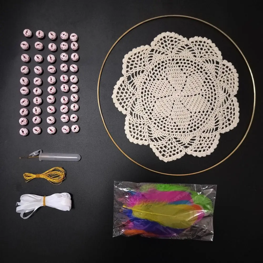 DIY Family Project Beginner Kit To Make Dream Catcher With Beige Doily Metal Ring Beads Thread Needle Ribbon Colorful Feathers