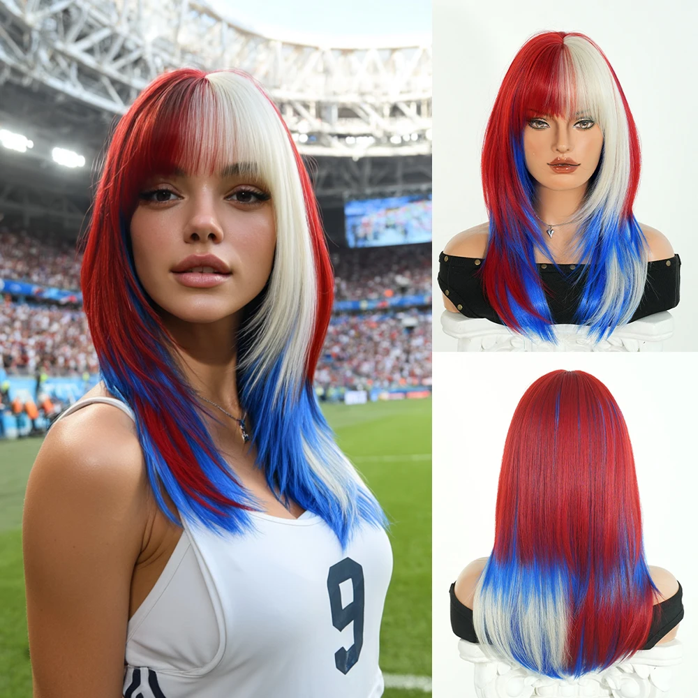 World Cup Wig Shoulder Length Straight Red Ombre Blue Wig for Women Synthetic Football Fan Hair Soccer Party Wigs with Neat Bang