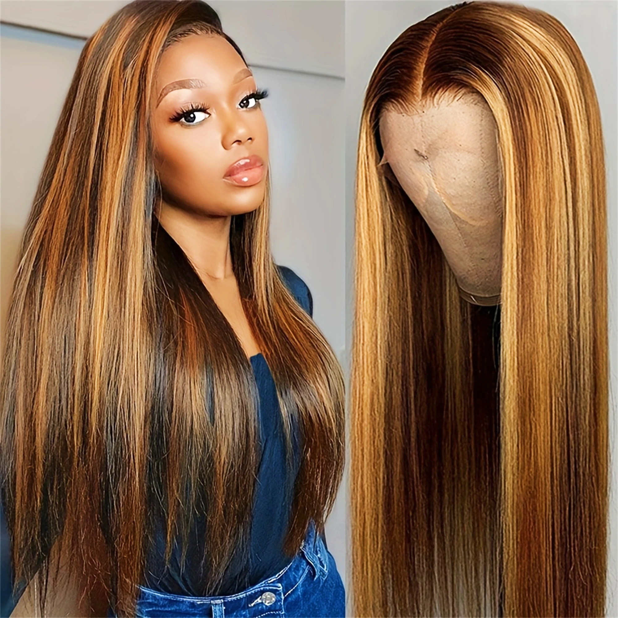 

100% Human Hair Wigs 13x6 HD Transparent Lace Front Wig Woman Wigs Bone Straight 13x4 HD Lace Frontal 4/27 Highlight Ombre Wig