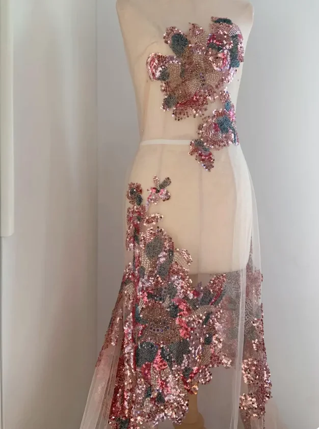 

Pink Green Bead Embroidery Fabric With Big Flowers, Heavy Bead Tulle Fabric With Florals For Dress, Couture