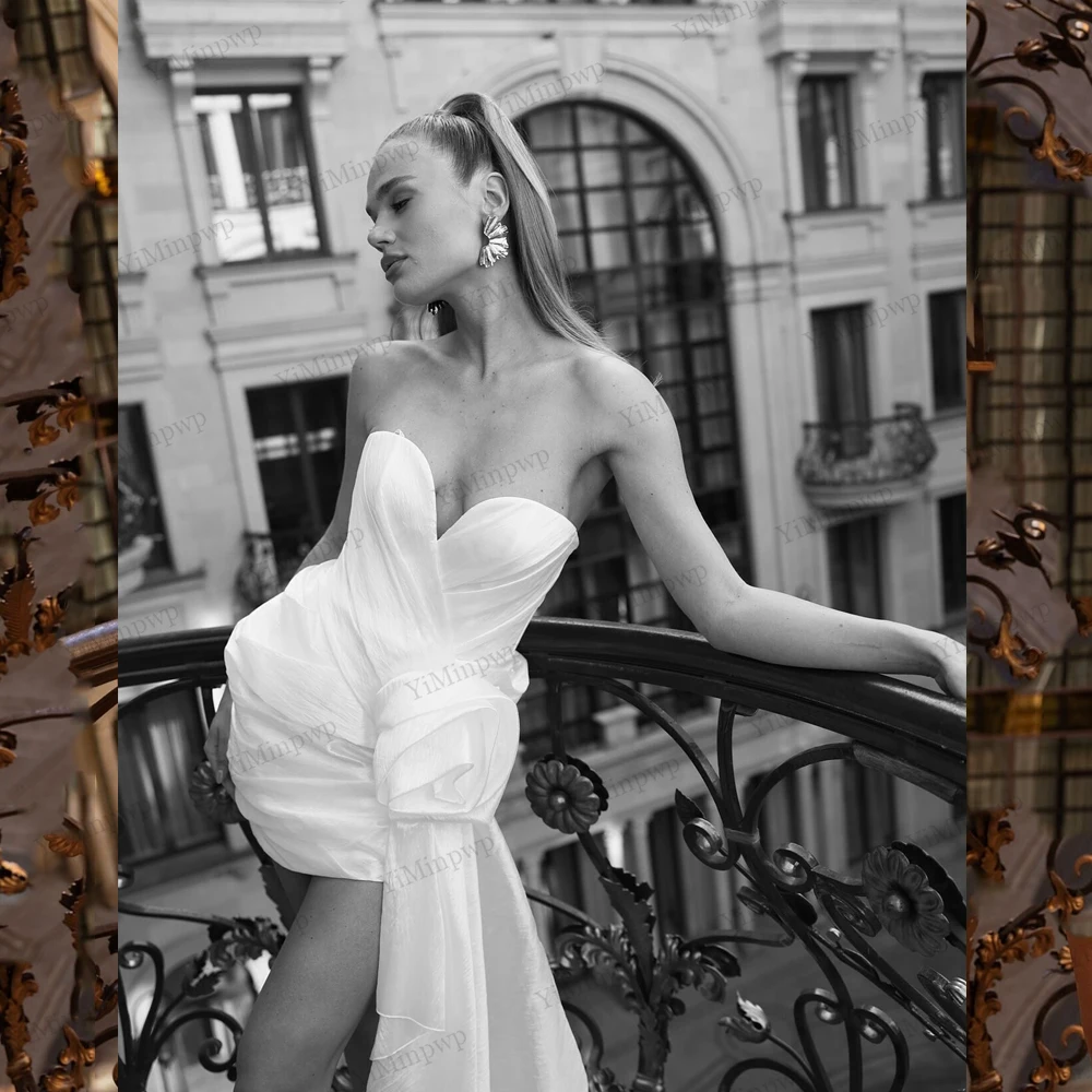 فستان زفاف أنيق قصير بدون حمالات بدون أكمام فستان زفاف مكشكش ساحر مكشكش فستان زفاف فيستدوس دي نوفيا مخصص #3