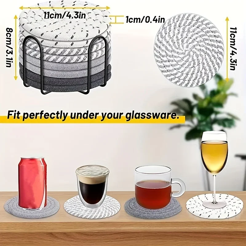 8pcs Drink Coasters with Holder, Absorbent Coasters, Minimalist Woven Coaster Set, Round Cotton Rope Woven Meal Pad