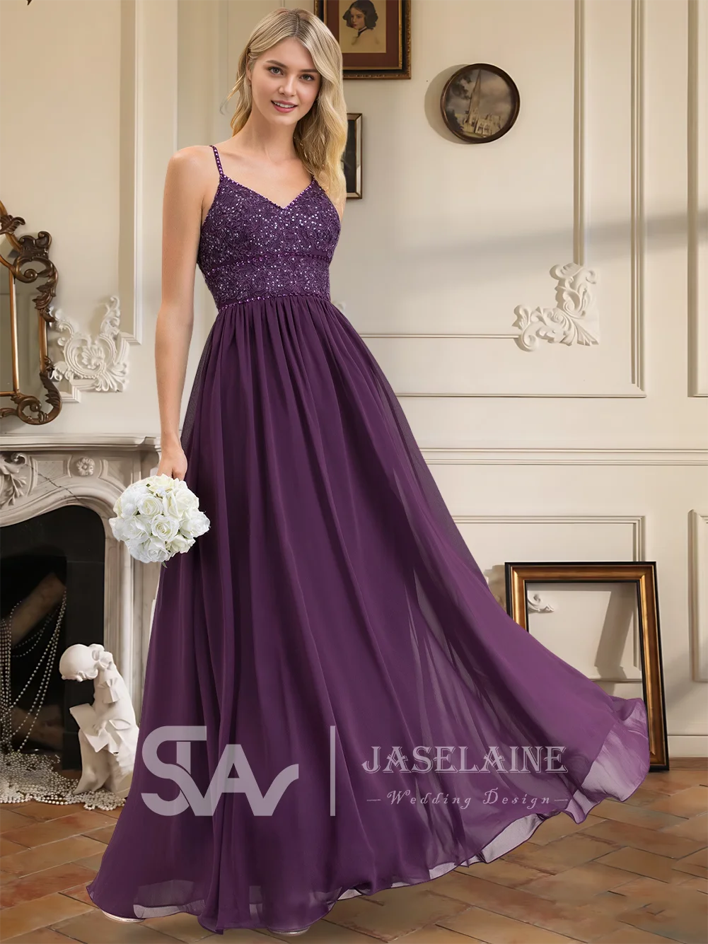 

MA Bridesmaid Dresses A Line V Neck Floor Length Chiffon Lace Beading Sequins Gowns Spaghetti Straps Wedding Party Evening Guest
