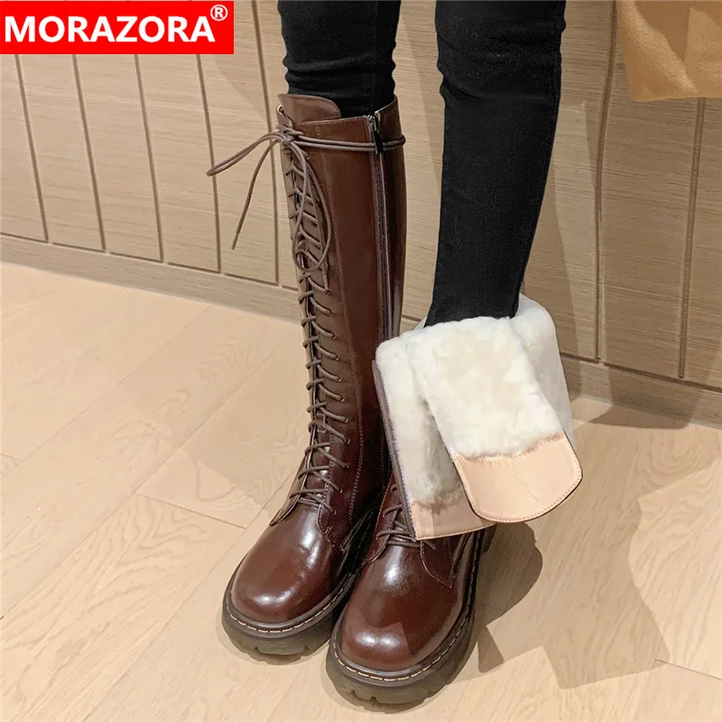 MORAZORA Size 34-42 Cow Leather Knee High Boots Women Zipper Thick Fur Warm Winter Boots Ladies Fashion Lace Up Snow Boots