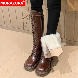 MORAZORA taglia 34-42 stivali alti al ginocchio in pelle di mucca donna cerniera pelliccia spessa stivali invernali caldi stivali da neve con lacci moda donna