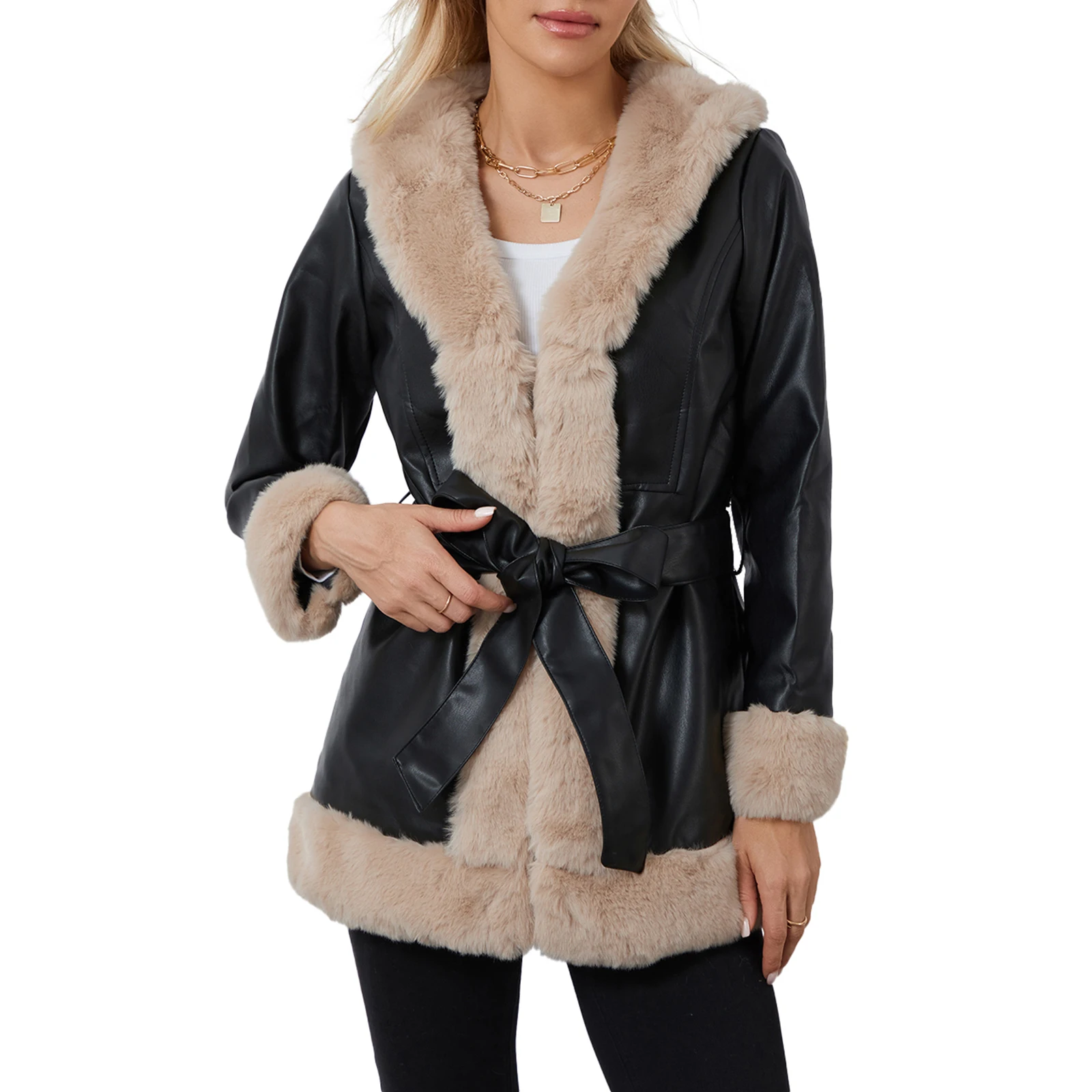 Dames leren open voorkant jas casual contrasterende kleur pluche kraag warm vest met riem uitloper streetwear