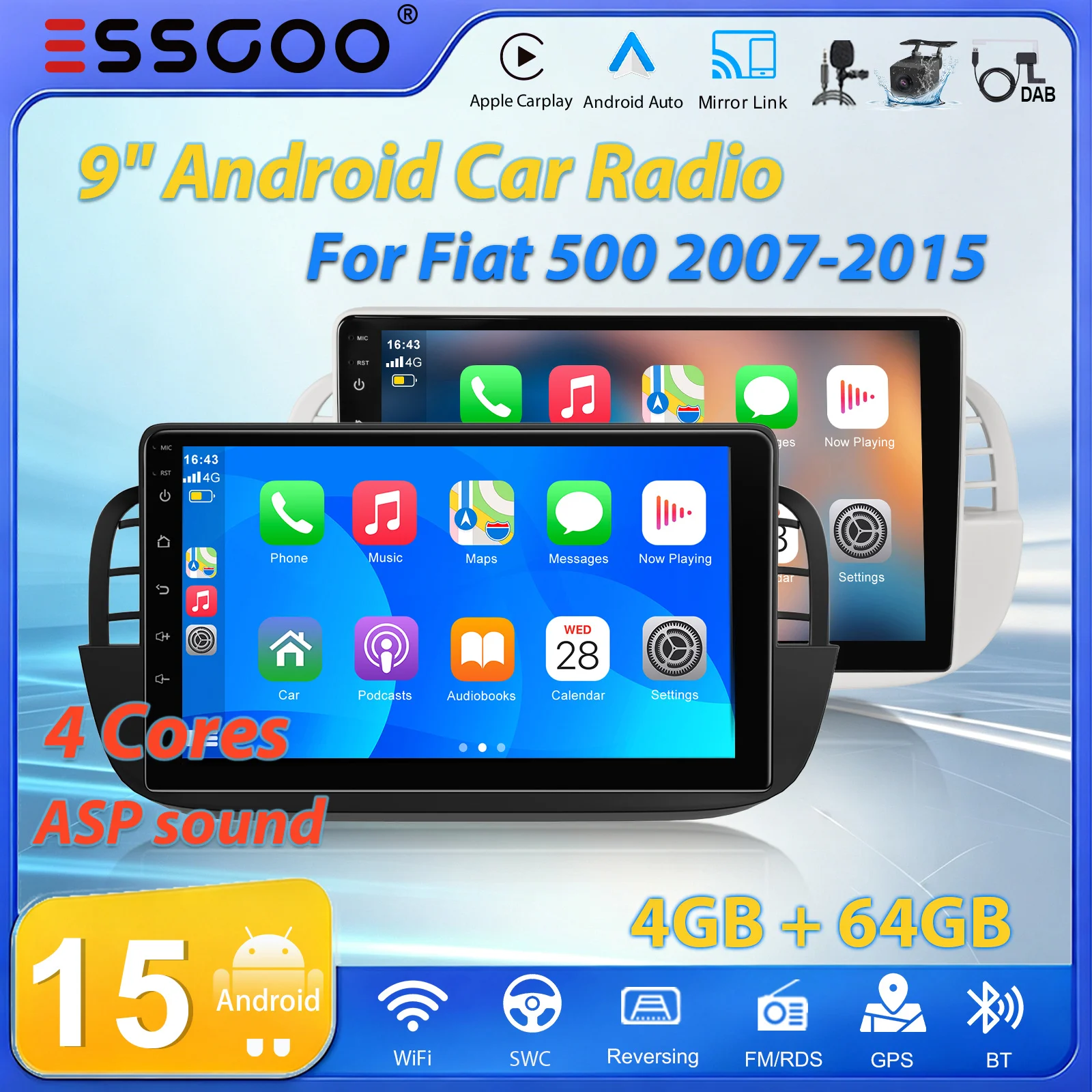 ESSGOO 9" Android 15 Autoradio 4GB+64GB für Fiat 500 2007-2015, kabelloses Carplay, Android Auto, GPS-Navigation, RDS, FM, WLAN, Bluetooth, Mirror Link, Swc, Touchscreen, Multimedia-Player, Schwarz