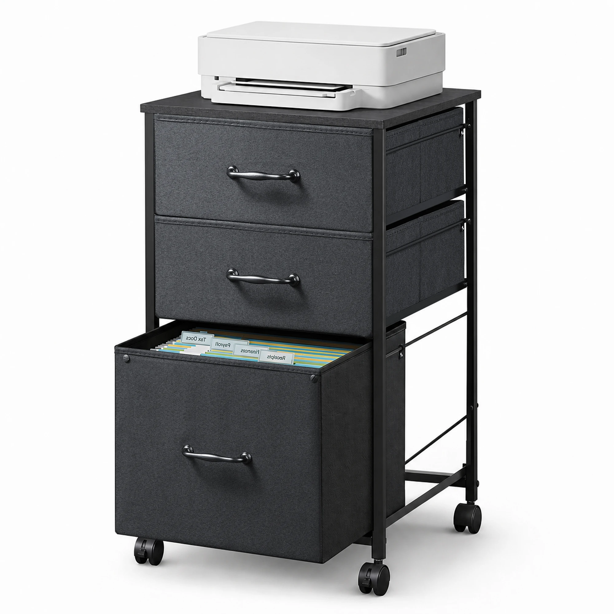 Mobile File Cabinet, Rolling Printer Stand with 3 Drawers, Fabric Vertical Filing Cabinet Fits A4 or Letter Size for Home Office, Black