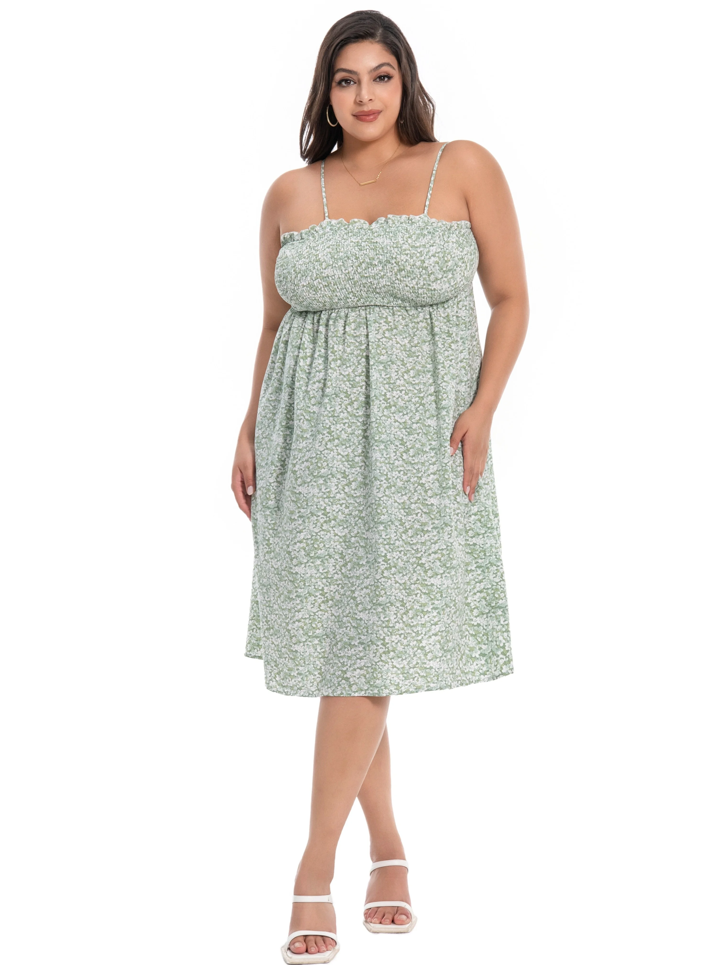 

Платье-комбинация больших размеров с цветочным принтом, платье-миди без рукавов со сборками груди, эластичное для повседневного использования и отпуска, 1–5XL