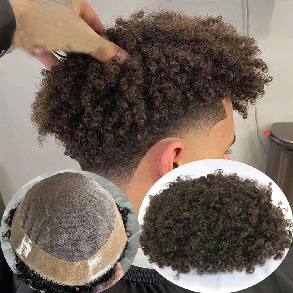 8mm Afro Toupet Man Weefunit Zwart Heren Kinky Curly 100% Echt Haar Afro-Amerikaanse Toupetten voor Mannen Mono Lace met PU Rondom - afbeelding 2