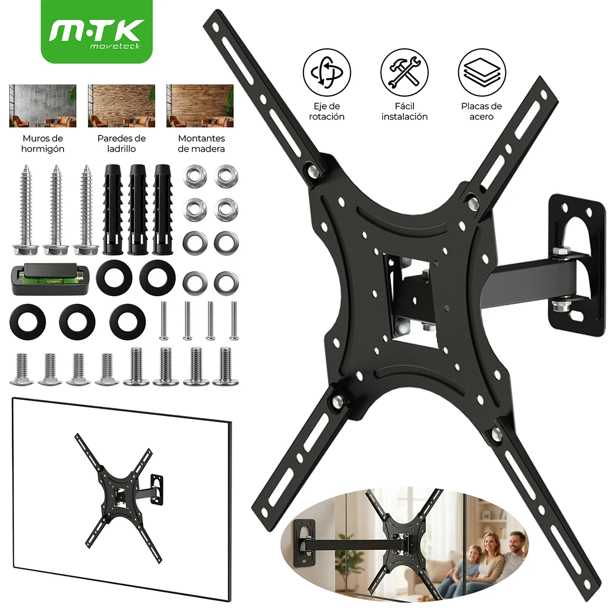 Soporte de pared para TV inclinable y retráctil, distancia 170mm, compatible VESA 75x75 hasta 400x400, para televisores de 14 a 55 pulgadas, carga máxima 15kg, color negro – ideal para hogar y oficina