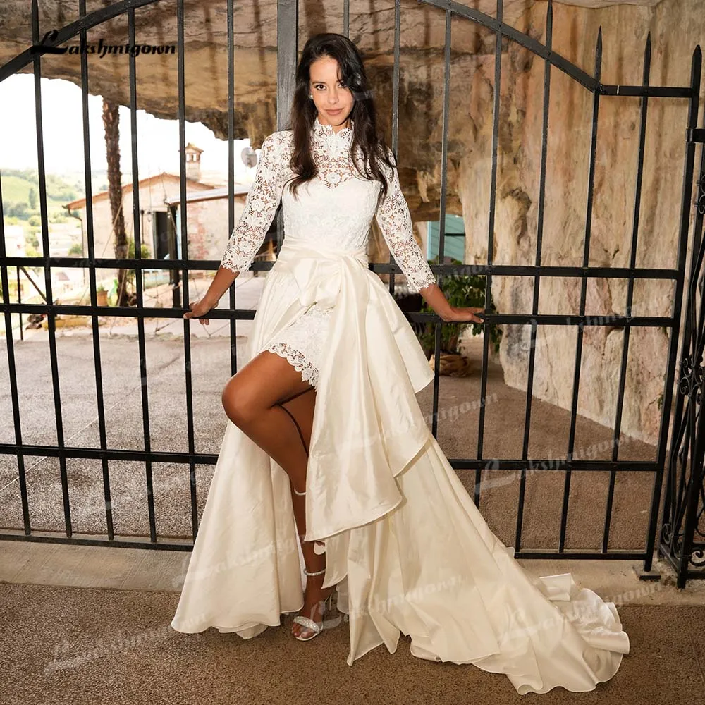 

Lakshmigown High-Neck 2N1 Style Lace Wedding Dress 2026 Long Sleeves StainTrain Sheath Bridal Gown Vestidos De Novia Customized