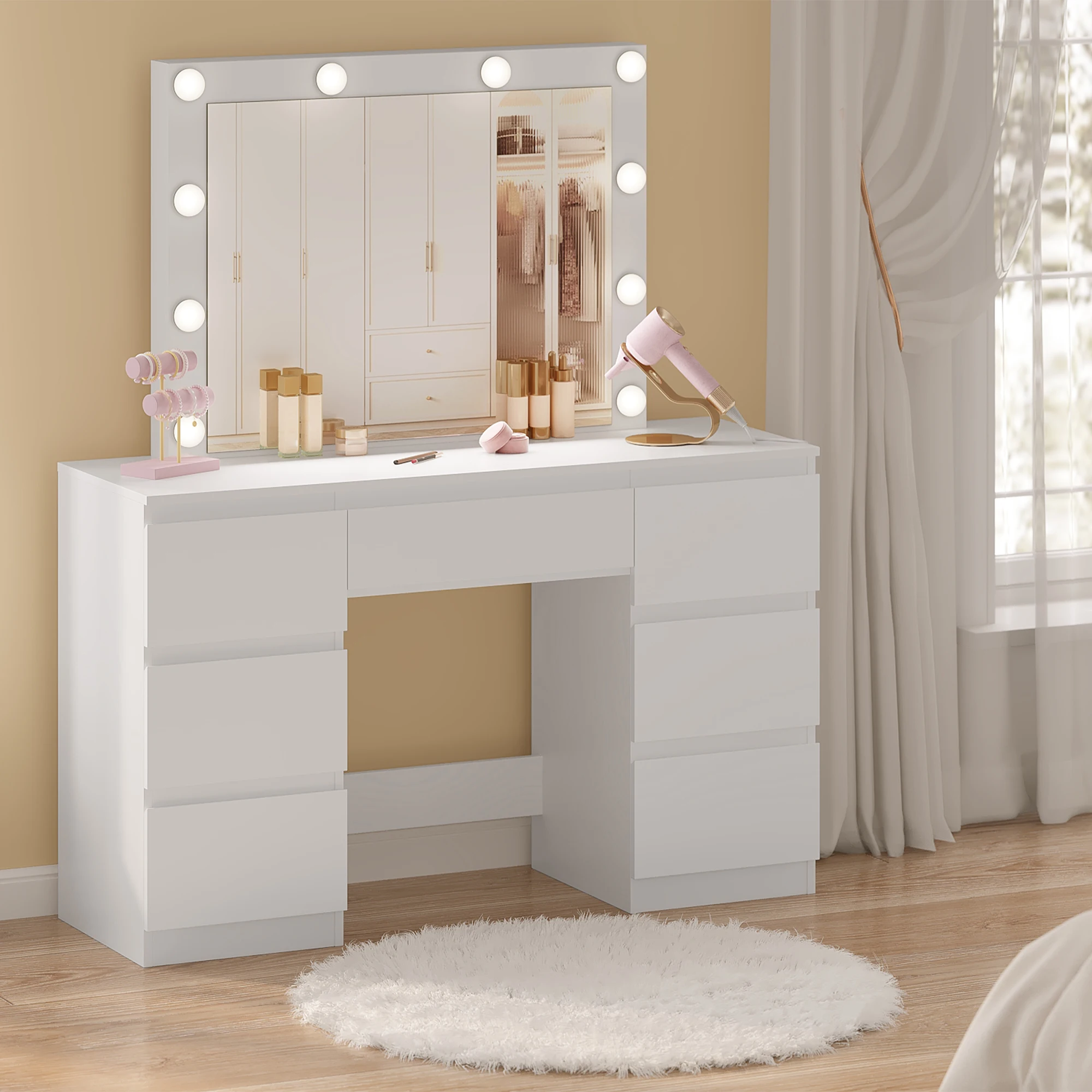 WOLTU Toeletta per ragazze/donne Vanity Dresser con specchio grande 7 cassetti Scrivania per trucco con luci a LED Presa di ricarica