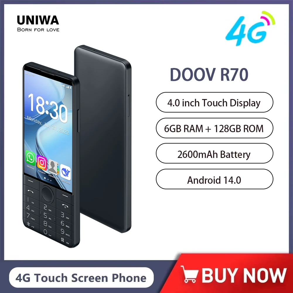 UNIWA DOOV R70 Smart Touch Screen 4G Mobile Phone Whatsapp Android Keypad Phones 4.0 Inch 6GB 128GB 2600mAh Russian keyboard