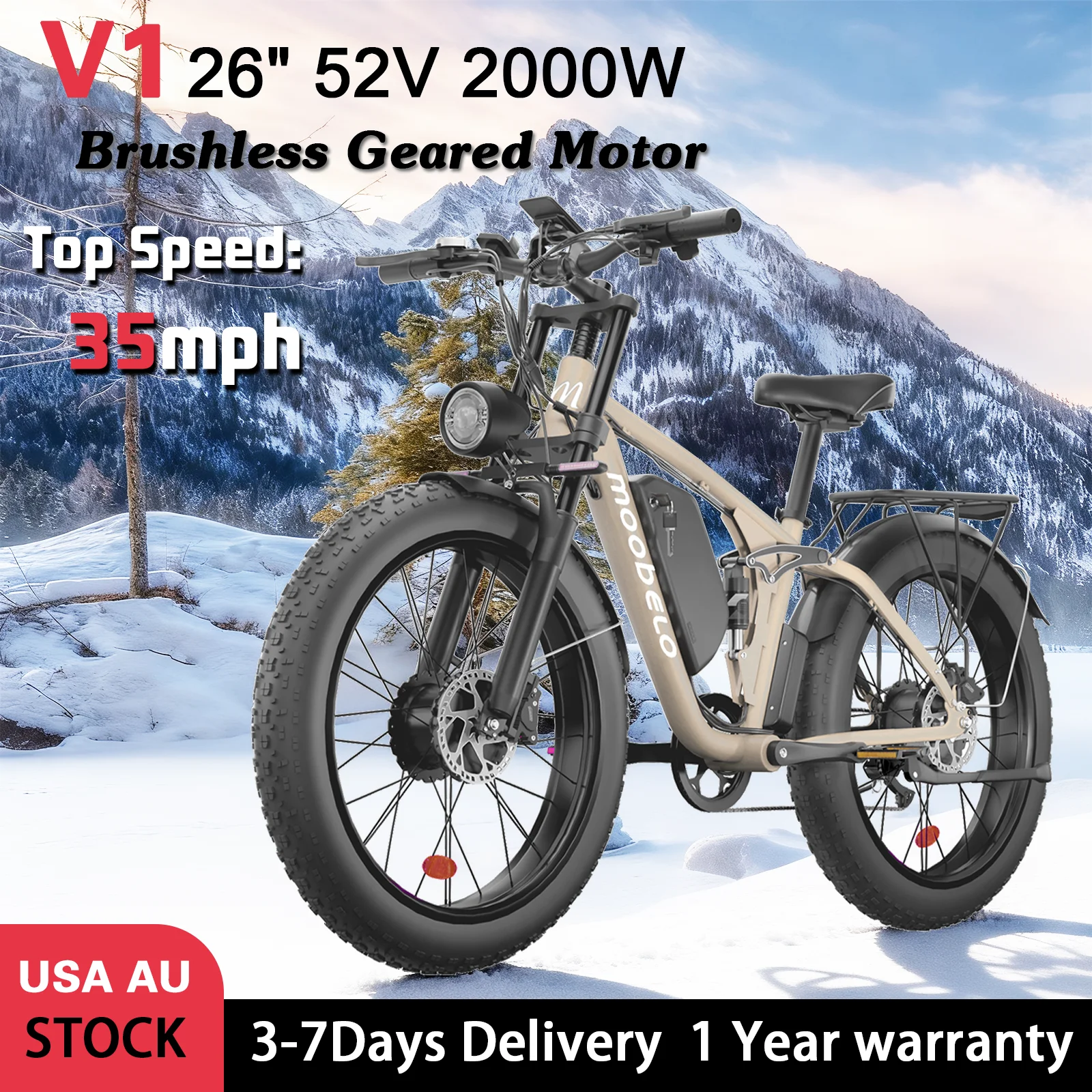 

US Local Delivery 2000W Electric Bike 52V 22.4AH Long Range 35mph 26" Fat Tire Waterproof All-Terrain EBike for Road Snow Beach
