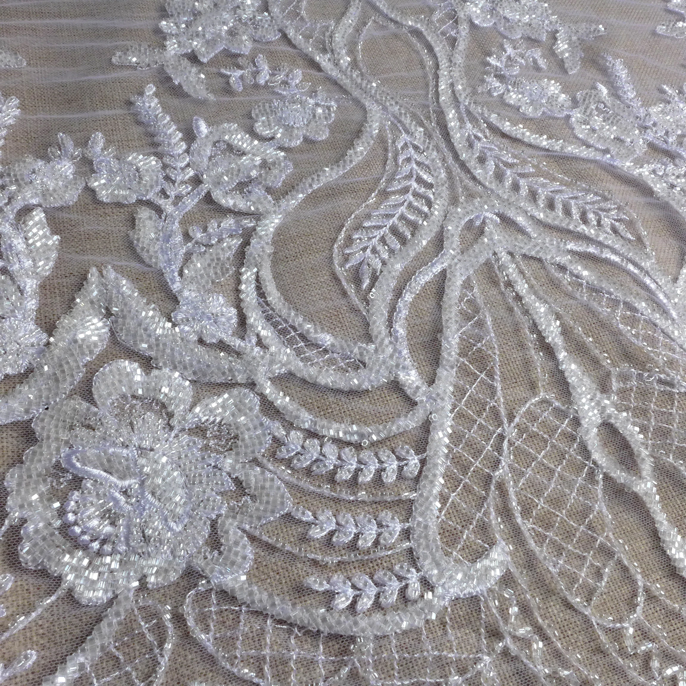 La Belleza new special design lace,large patterns lace fabric, white beaded wedding dress lace fabric 47\'\' width 1 yard