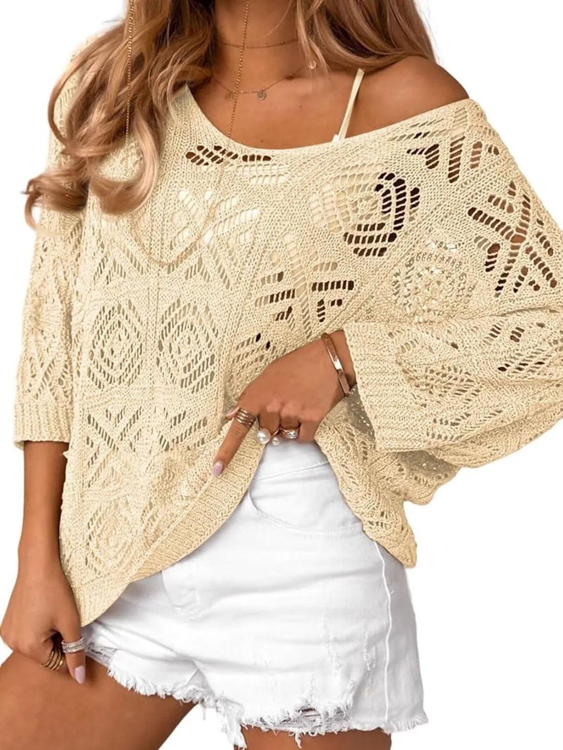 

Plus-Size Grace Meets Style: Hollow-Out 3/4 Sleeve Pullover Knitwear
