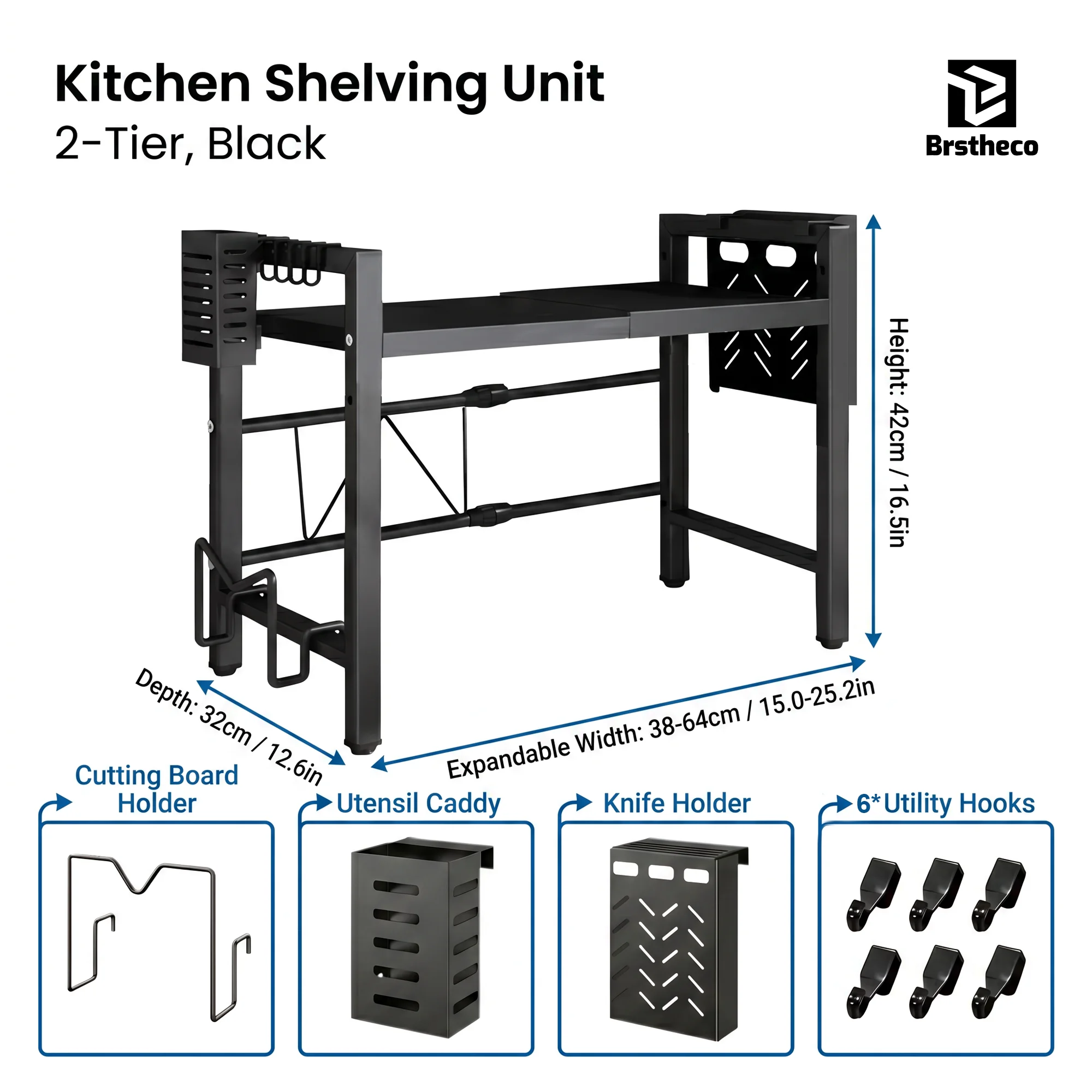 Verstellbares 3-stufiges Küchen-Mikrowellenregal, erweiterbar von 38 cm bis 64 cm, Arbeitsplatten-Organizer mit 6 Haken, Messerhalter, Utensilienkorb und Schneidebretthalter für die Aufbewahrung von