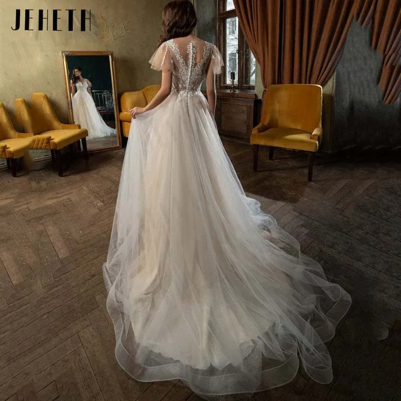 JEHETH Elegant A-Line Wedding Dress 2023 V-Neck Lace Short Sleeve Illusion Back Tulle Bridal Gowns Sweep Train Vestidos De Novia